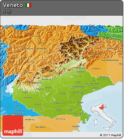 Physical 3D Map of Veneto, political shades outside