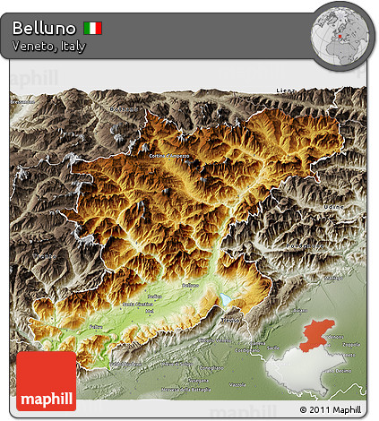 Physical 3D Map of Belluno, semi-desaturated