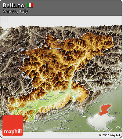 Physical 3D Map of Belluno, semi-desaturated