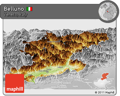 Physical Panoramic Map of Belluno, lighten, desaturated