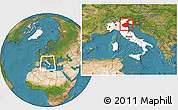 Satellite Location Map of Veneto, highlighted country, within the entire country