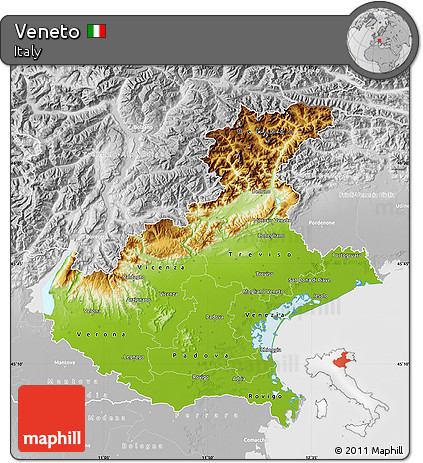 Physical Map of Veneto, lighten, desaturated