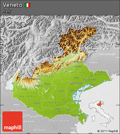 Physical Map of Veneto, lighten, desaturated