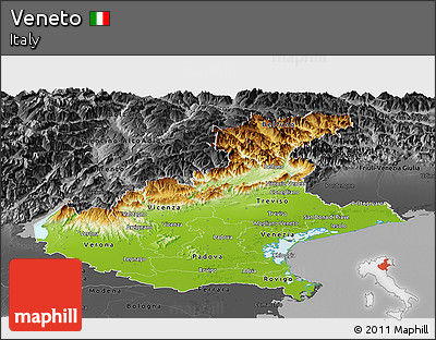 Physical Panoramic Map of Veneto, darken, desaturated