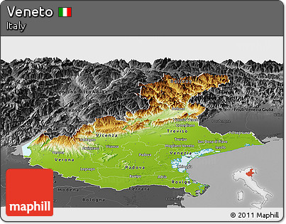 Physical Panoramic Map of Veneto, darken, desaturated