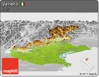 Physical Panoramic Map of Veneto, lighten, desaturated
