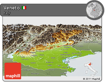 Physical Panoramic Map of Veneto, semi-desaturated
