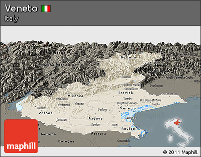 Shaded Relief Panoramic Map of Veneto, darken