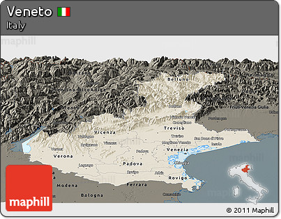 Shaded Relief Panoramic Map of Veneto, darken