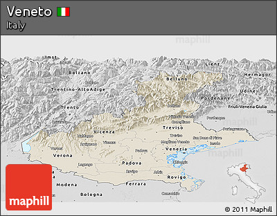 Shaded Relief Panoramic Map of Veneto, desaturated