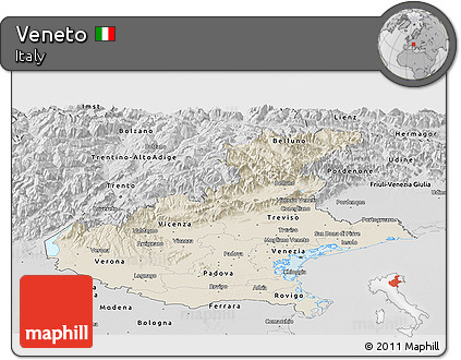 Shaded Relief Panoramic Map of Veneto, desaturated