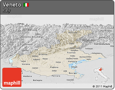 Shaded Relief Panoramic Map of Veneto, desaturated