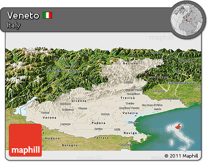 Shaded Relief Panoramic Map of Veneto, satellite outside
