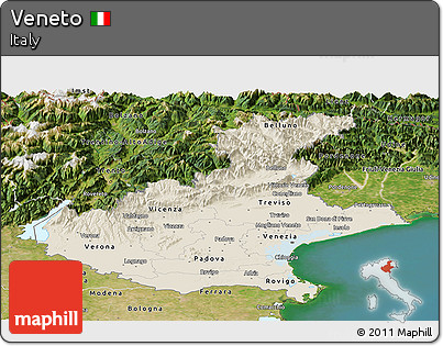 Shaded Relief Panoramic Map of Veneto, satellite outside