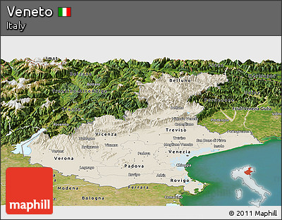 Shaded Relief Panoramic Map of Veneto, satellite outside