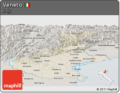 Shaded Relief Panoramic Map of Veneto, semi-desaturated
