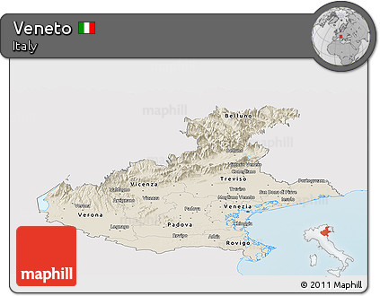 Shaded Relief Panoramic Map of Veneto, single color outside