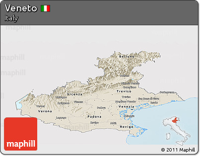 Shaded Relief Panoramic Map of Veneto, single color outside
