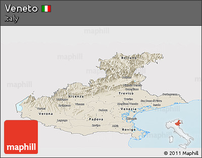 Shaded Relief Panoramic Map of Veneto, single color outside
