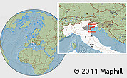 Savanna Style Location Map of Venezia, highlighted country, highlighted parent region, hill shading