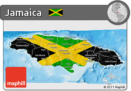 Flag 3D Map of Jamaica, physical outside, bathymetry sea, flag centered