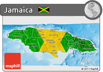 Flag 3D Map of Jamaica, physical outside, flag aligned to the middle