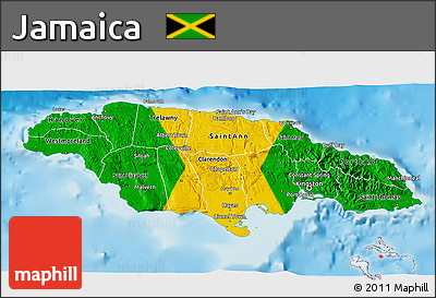 Flag 3D Map of Jamaica, physical outside, flag aligned to the middle