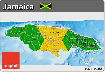 Flag 3D Map of Jamaica, physical outside, flag aligned to the middle
