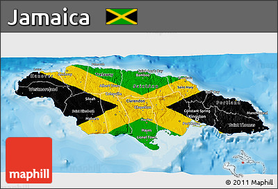 Flag 3D Map of Jamaica, shaded relief outside, bathymetry sea, flag centered