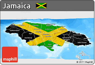 Flag 3D Map of Jamaica, single color outside, bathymetry sea, flag centered