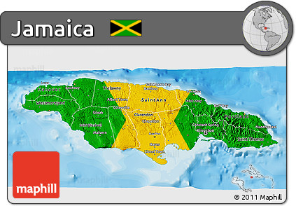 Flag 3D Map of Jamaica, single color outside, bathymetry sea, shaded relief sea, flag aligned to the middle
