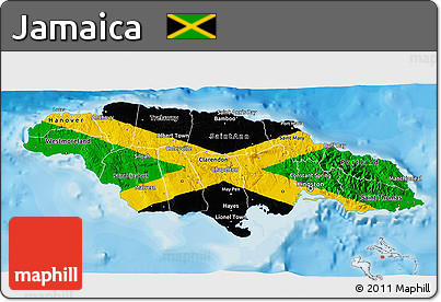 Flag 3D Map of Jamaica, single color outside, bathymetry sea, shaded relief sea, flag rotated