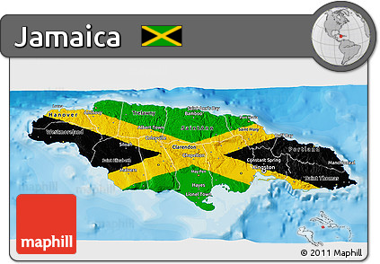 Flag 3D Map of Jamaica, single color outside, bathymetry sea, shaded relief sea
