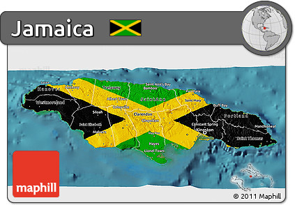 Flag 3D Map of Jamaica, single color outside, satellite sea, flag centered