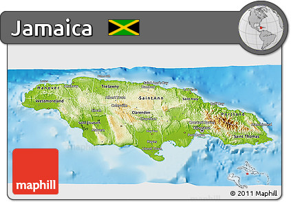 Physical 3D Map of Jamaica, political shades outside, shaded relief sea
