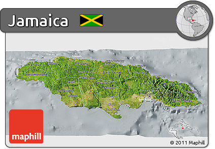 Satellite 3D Map of Jamaica, lighten, semi-desaturated