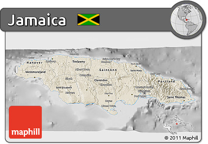Shaded Relief 3D Map of Jamaica, desaturated
