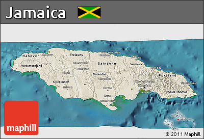 Shaded Relief 3D Map of Jamaica, single color outside, satellite sea