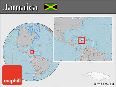 Gray Location Map of Jamaica, within the entire continent, hill shading