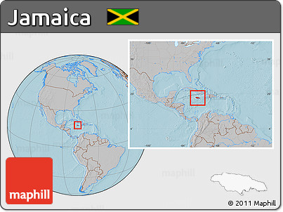 Gray Location Map of Jamaica, within the entire continent, hill shading