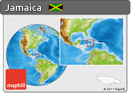 Physical Location Map of Jamaica, highlighted continent, within the entire continent