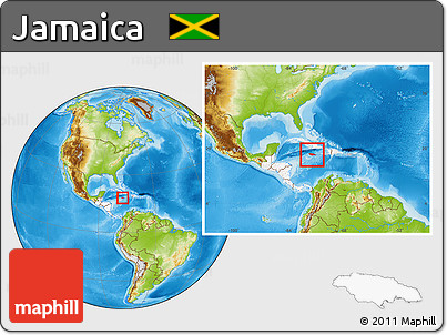 Physical Location Map of Jamaica, highlighted continent, within the entire continent