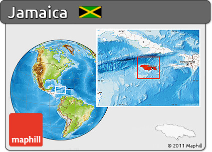 Physical Location Map of Jamaica, highlighted continent