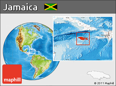 Physical Location Map of Jamaica, highlighted continent