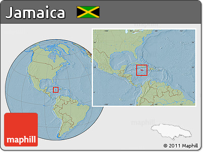 Savanna Style Location Map of Jamaica, within the entire continent, hill shading