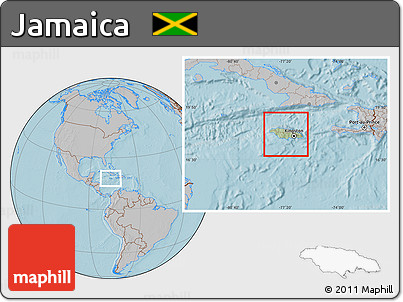Savanna Style Location Map of Jamaica, gray outside, hill shading