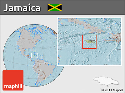 Savanna Style Location Map of Jamaica, gray outside, hill shading