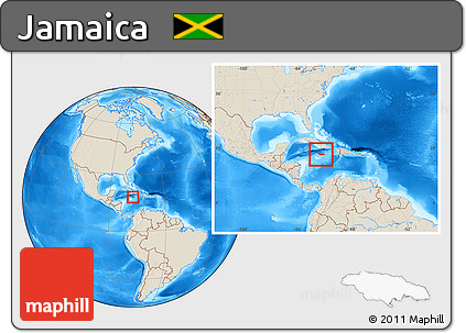 Shaded Relief Location Map of Jamaica, within the entire continent