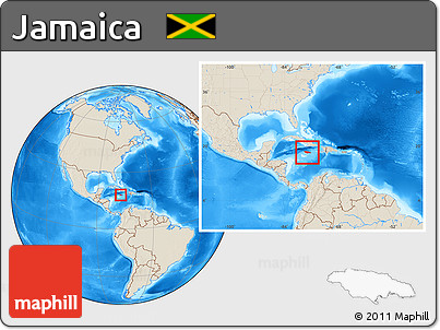 Shaded Relief Location Map of Jamaica, within the entire continent