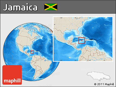 Shaded Relief Location Map of Jamaica, within the entire continent